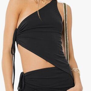 Black One Shoulder asymmetrical cinched side top